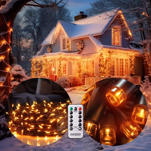 Catena di luci natalizie Monzana con 600 LED bianco caldo, lunghezza 60 m, con telecomando e timer, protezione IP44