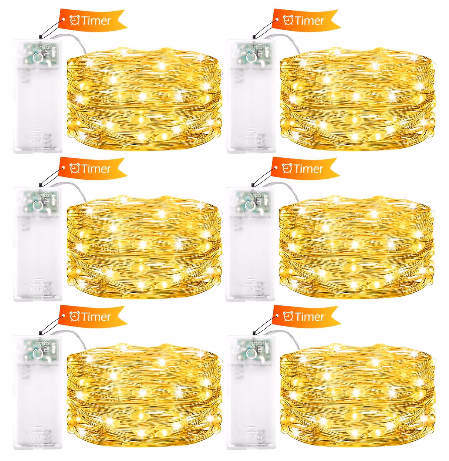 Set di 6 catene luminose a LED, lunghezza 2 metri, 20 LED bianco caldo, con timer, filo di rame