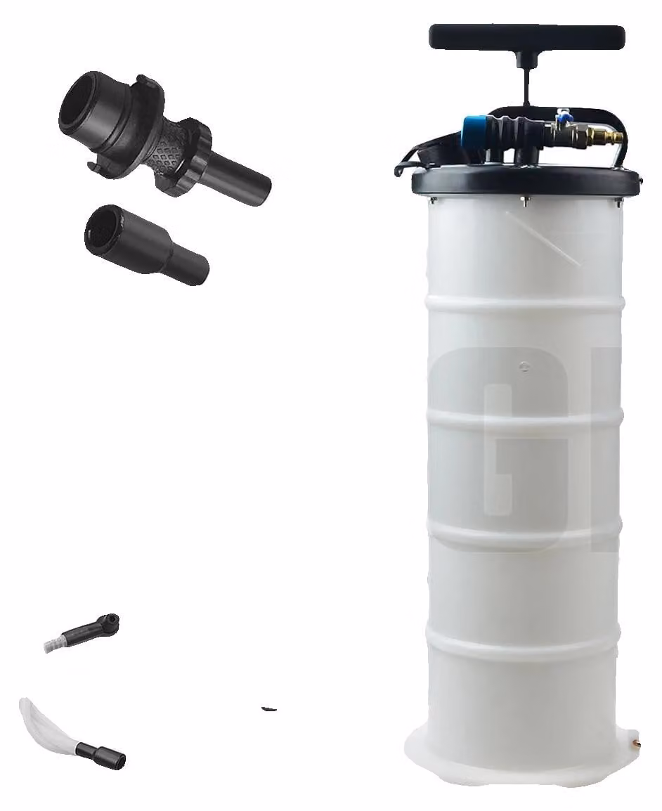 Pompa estrattore pneumatica per olio e liquidi, capacità 6,5 litri, funzionamento a doppio regime, dimensioni compatte 23 x 18 x 58 cm, peso leggero 3,3 kg, set di accessori completo
