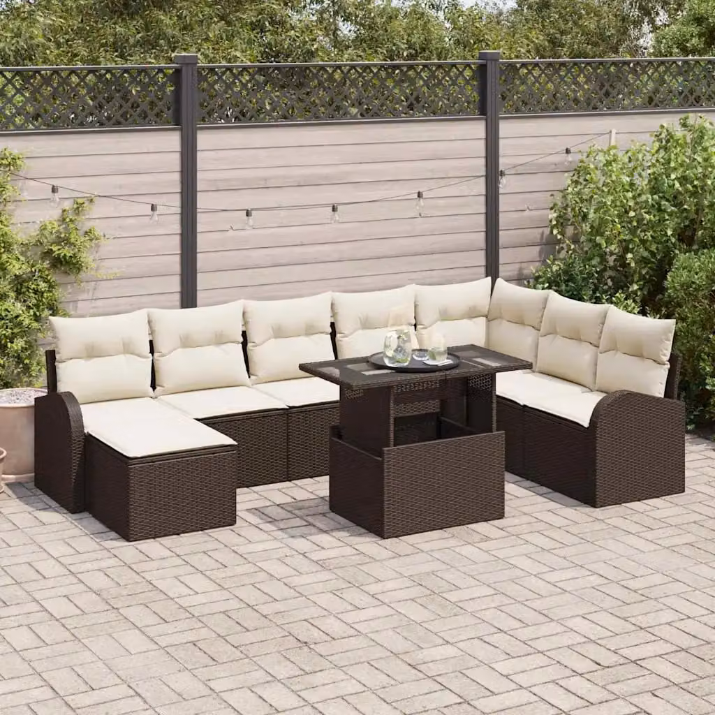 Set Divano da Giardino vidaXL 9 Pezzi Marrone e Beige con Cuscini e Tavolino in Polyrattan e Metallo – 1