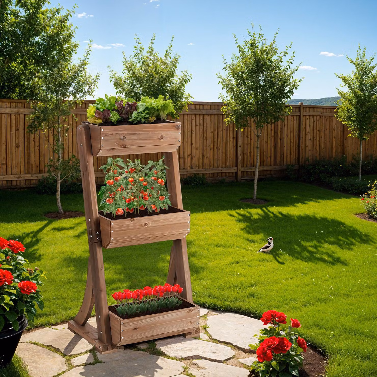 Aiuola verticale Tectake Flora in legno verniciato marrone con tessuto non tessuto per orto e giardino, L: 60 cm, P: 49 cm, H: 140 cm – 3