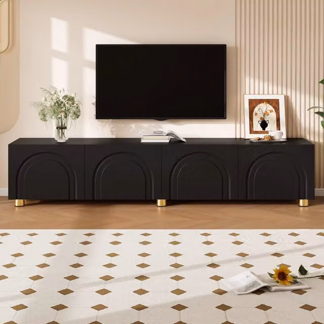 Mobile TV e da ingresso SINGULARTY nero con ante a rilievo curvo e gambe in metallo L: 180 cm, P: 40 cm, H: 35 cm