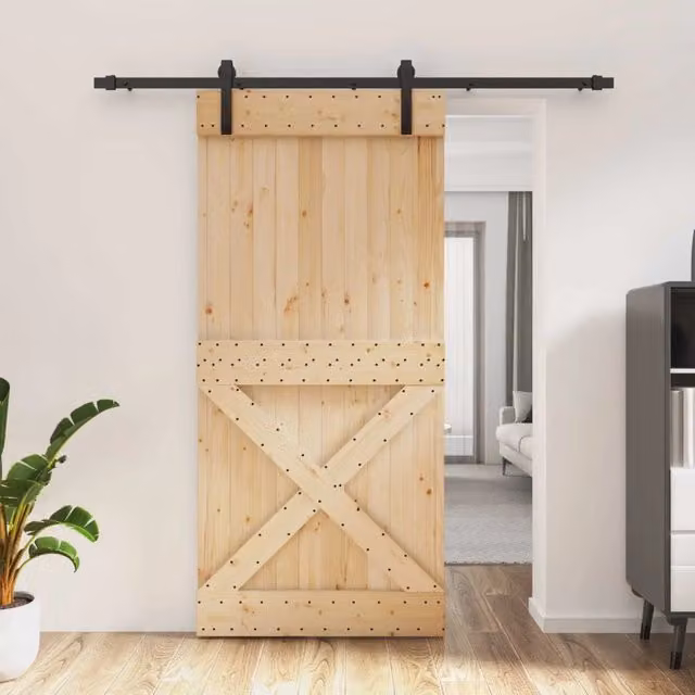 Porta scorrevole moderna vidaXL in legno e acciaio, colore naturale e nero, L: 95 cm, H: 210 cm – 1