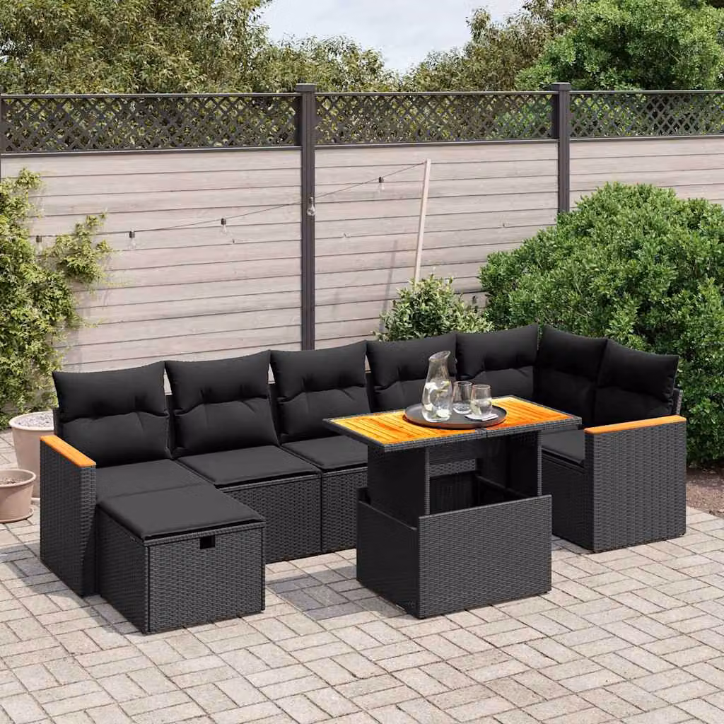 Set di divani da giardino vidaXL in polyrattan nero con 8 pezzi e cuscini inclusi – 1