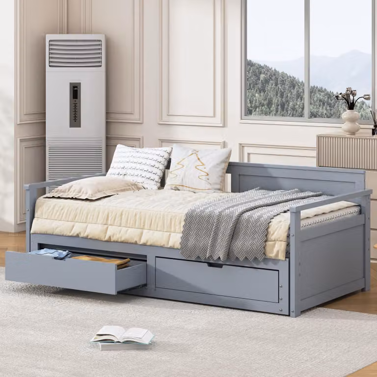 okwish Letto da giorno multifunzionale 2 in 1 90*190 cm/180*190 con letto in pino, 2 cassetti e letto estraibile Grigio , Grigio-Senza materasso