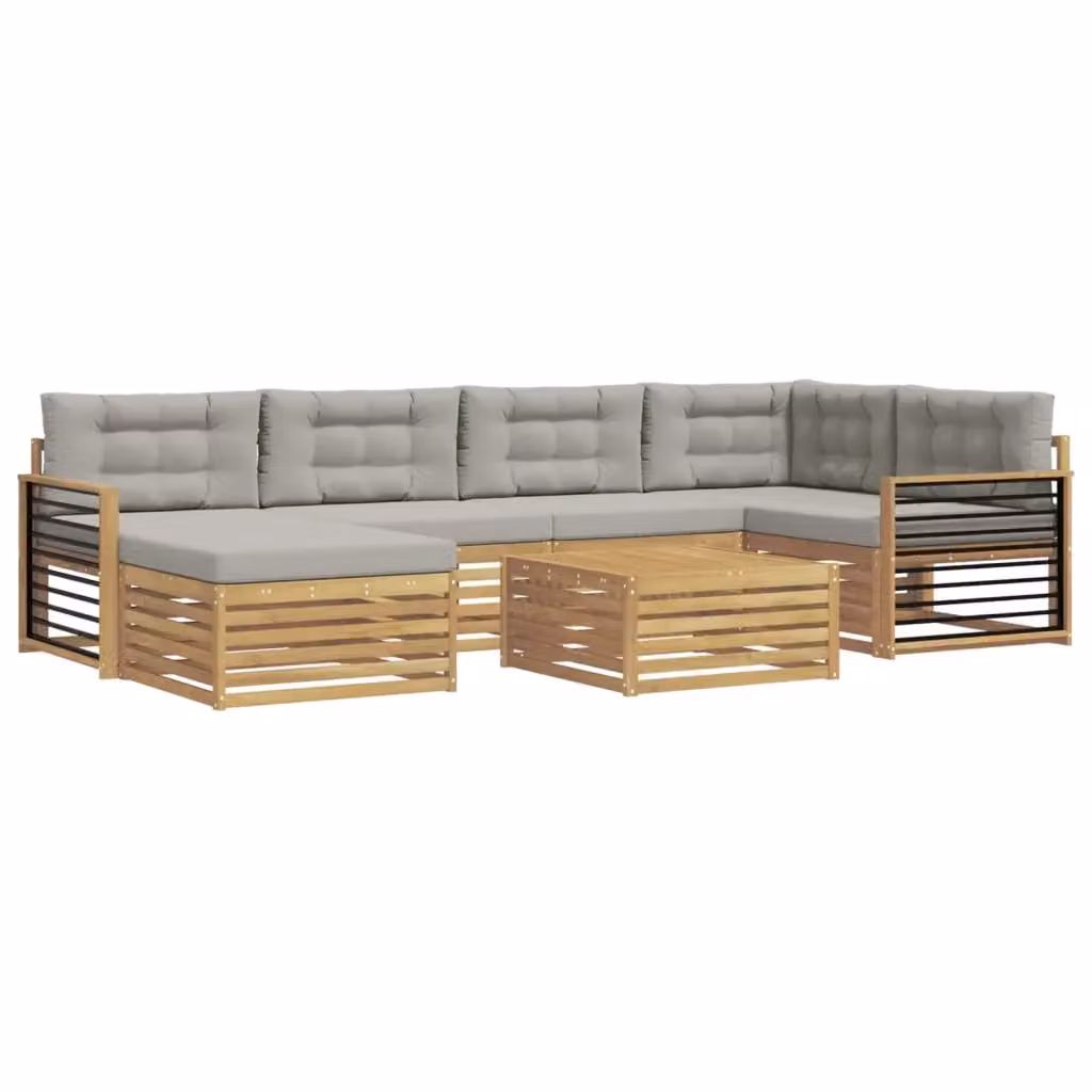 Set di divani da esterno vidaXL a forma di L in legno di acacia con cuscini, bianco e grigio – 2