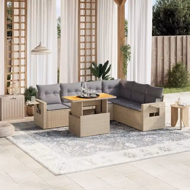 Set Divani da Giardino 7 pz con Cuscini Beige in Polyrattan 3271773