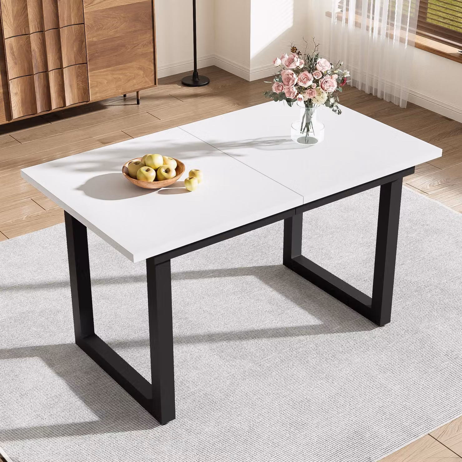 STILVORA Tavolo da pranzo espandibile in stile industriale, tavolino salvaspazio, rettangolare, tavolo da pranzo moderno e semplice in ferro, MDF, bianco