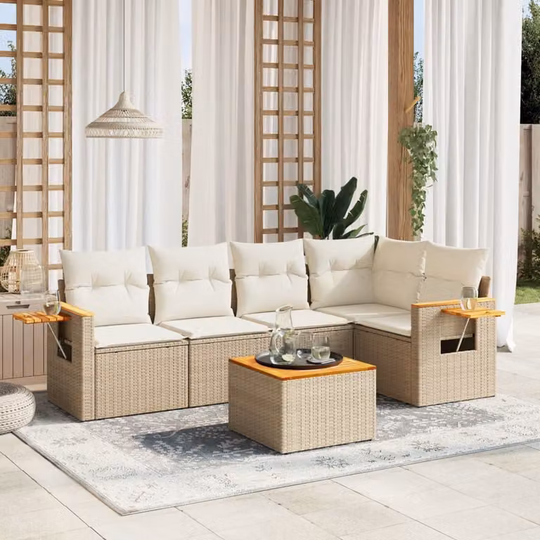 vidaXL Set Divano da Giardino a L in Polyrattan con Cuscini Beige e Tavolino da Esterno 6 pz