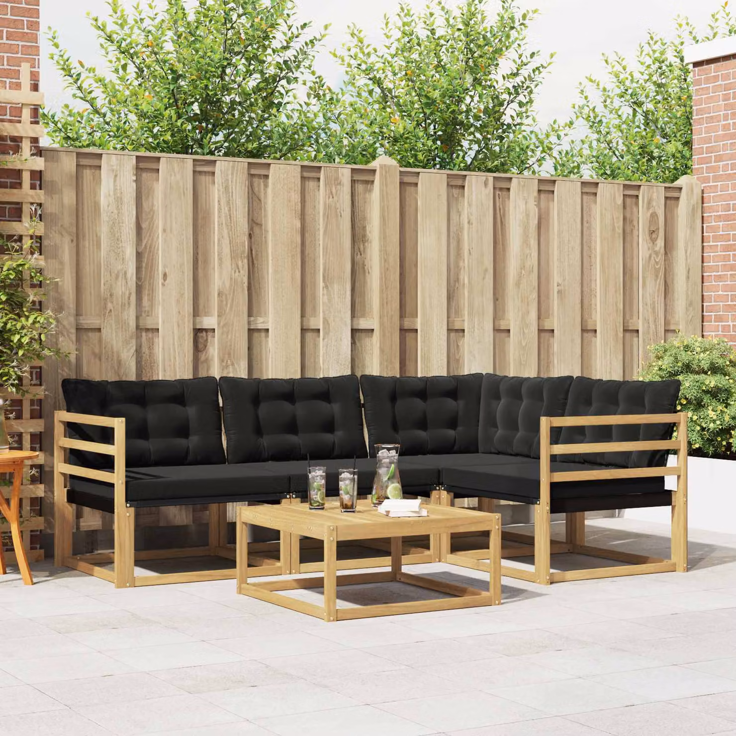 Set di divani da esterno vidaXL 5 pezzi in legno di acacia con tavolo da caffè, colore bianco, nero e marrone