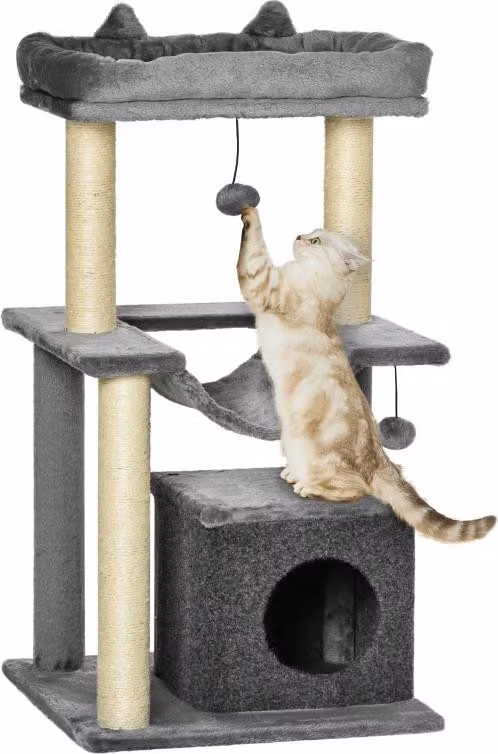 Albero per gatti Moonbite, altezza 90 cm, con amaca, copertura rimovibile a forma di grotta, piattaforme, pallina giocattolo e pali in sisal, rivestito in peluche e realizzato con pannelli di legno, colore grigio