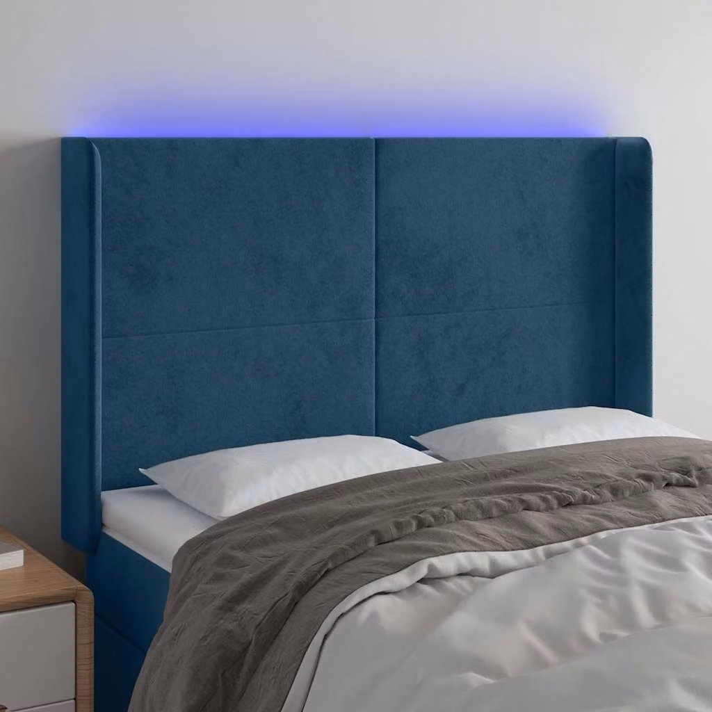 Testiera per letto vidaXL in velluto blu con illuminazione LED integrata e porta di ricarica USB, L: 147 cm, P: 16 cm, H: 118/128 cm