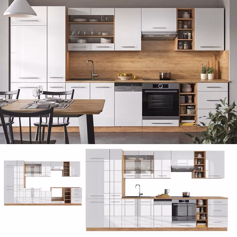 Cucina componibile moderna Fame-Line Vicco Bianco lucido e Rovere, L: 355 cm – 2