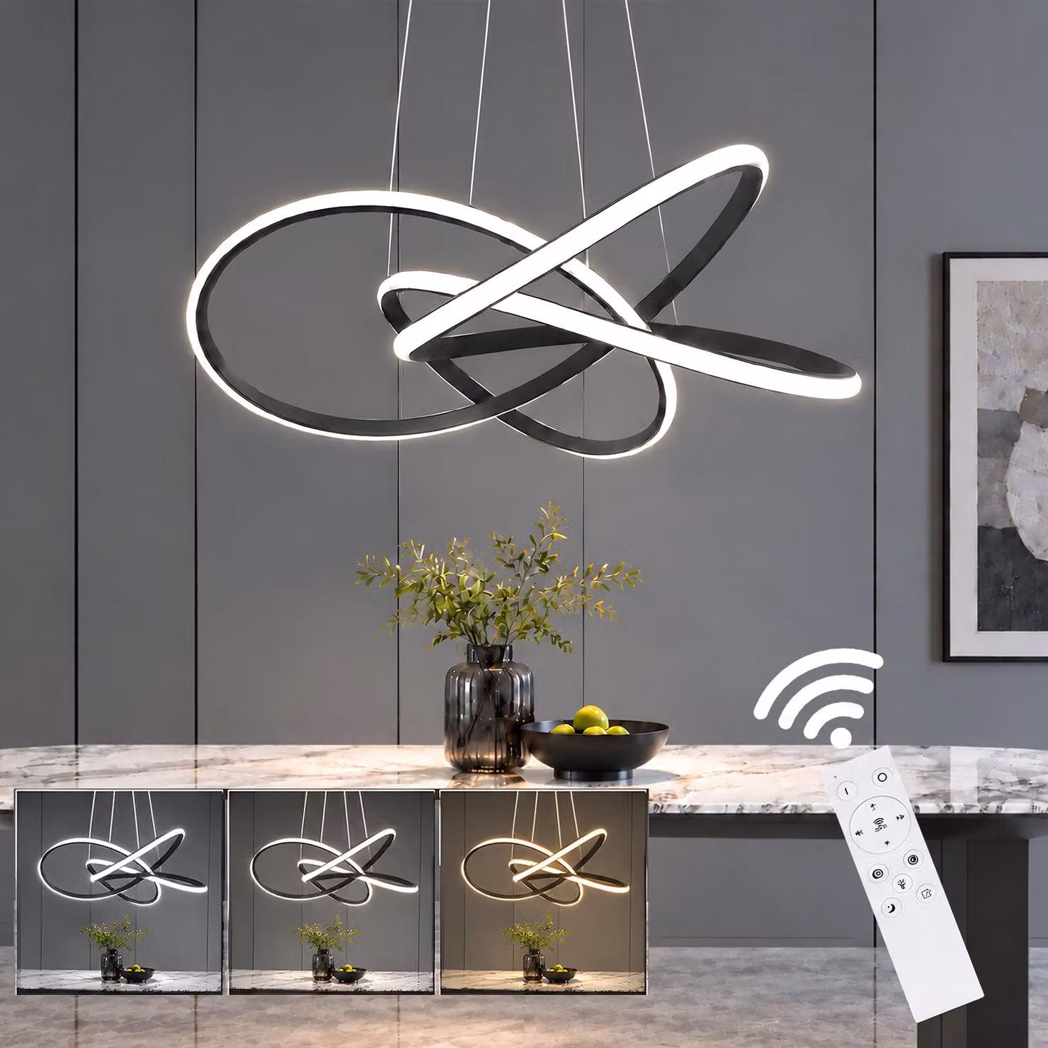 ZMH LED luce a sospensione soggiorno nero lampada a sospensione regolabile in altezza Ø62cm 62W anelli lampadario dimmerabile con telecomando