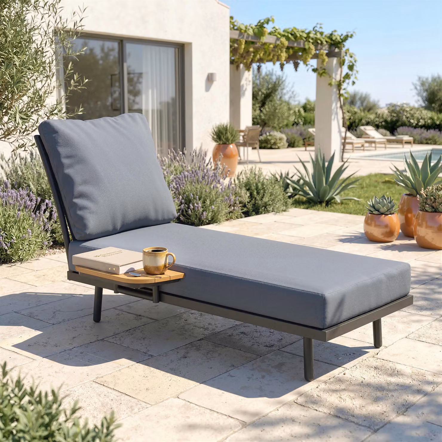 Sdraio da giardino Outsunny con cuscini in olefina lavabili, telaio in metallo e ripiano laterale, Grigio, L: 58 cm, P: 137 cm, H: 75 cm – 2