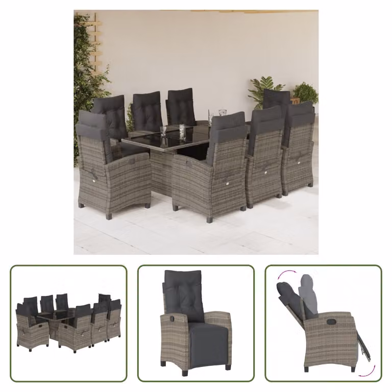 The Living Store Set da pranzo da giardino 9 pezzi con cuscini in poly rattan grigio