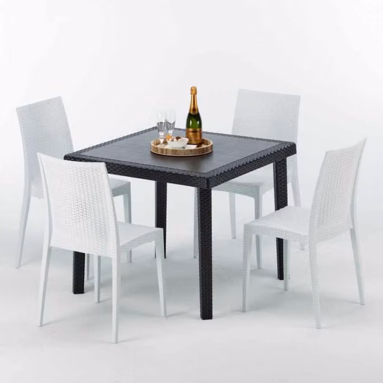 Tavolo quadrato nero e 4 sedie in polipropilene colorato per esterni Grand Soleil Bistrot Passion - Bianco