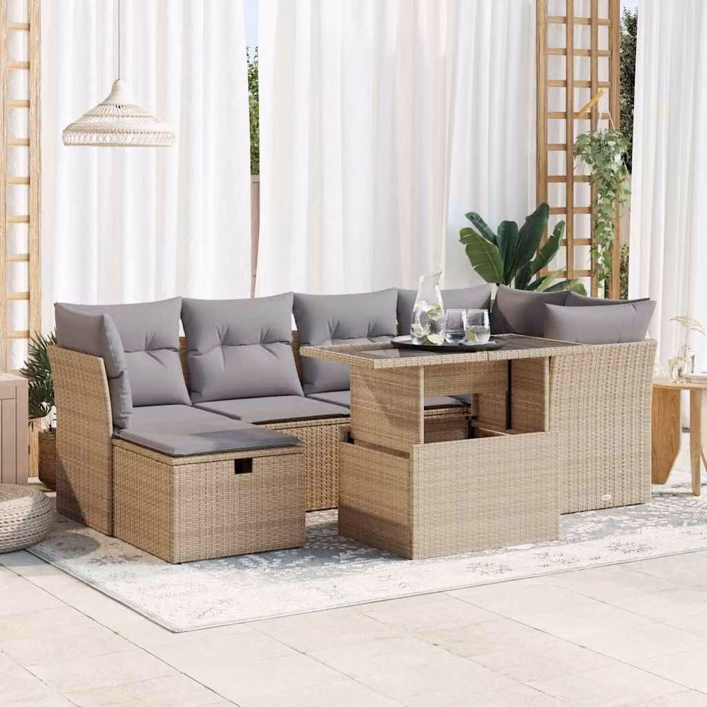 Set da giardino vidaXL in polyrattan composto da 7 pezzi con cuscini beige e tavolino, design moderno a forma di L per esterno
