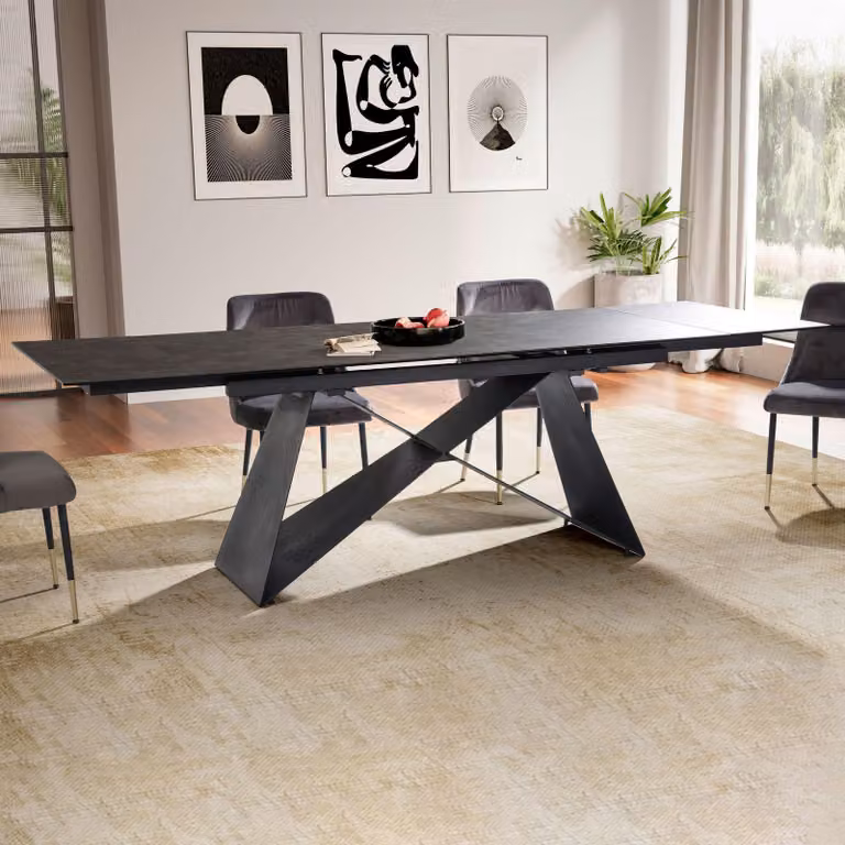 Tavolo da pranzo allungabile FineBuy 180–260 cm, piano in vetro-Vetroceramica nero, tavolo da pranzo moderno con base a X in metallo – resistente ai graffi, al calore e di facile manutenzione