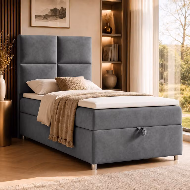 Best for Home Letto boxspring con contenitore Trinity K2-SINGLE 90x200 Materasso a molle Bonell incl. topper – Grafite