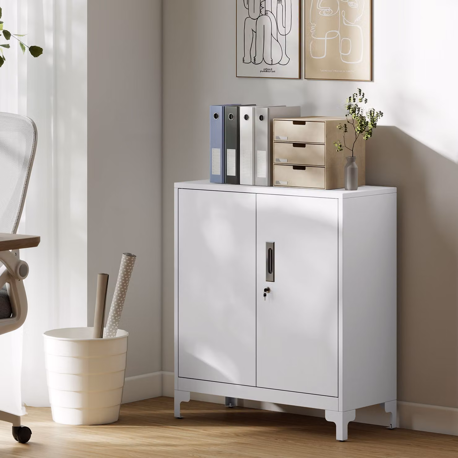 Mobile da ufficio HOMCOM con 3 ripiani, 2 ante e serratura, Bianco, L: 80 cm, P: 35 cm, H: 91 cm – 2