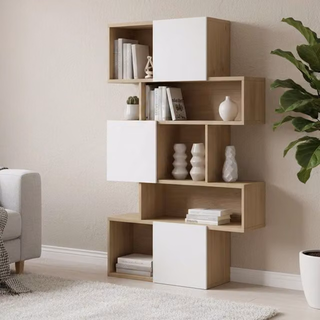 Libreria Acetosella DMORA, Scaffale Moderno per Soggiorno o Ufficio, Rovere e Bianco Lucido, L 96 cm x P 31,5 cm x H 166 cm