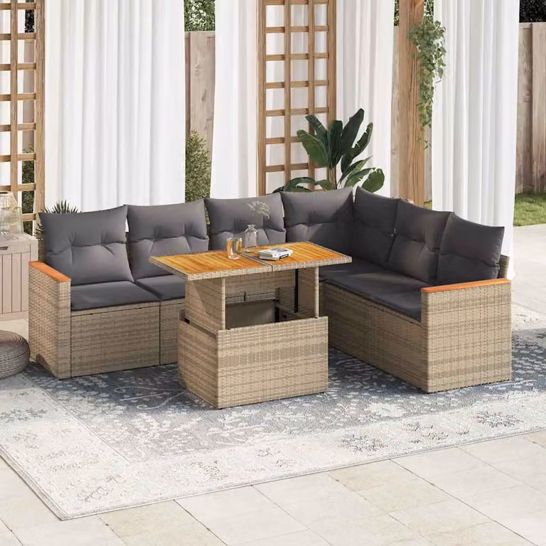 Set di divani da giardino vidaXL in polyrattan e legno di acacia con cuscini beige, composizione a L con tavolino da esterno, 7 pezzi