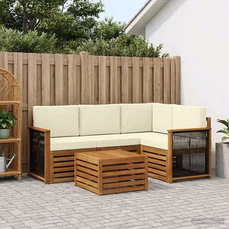 Set di divani da esterno vidaXL 5 pezzi a forma di L con tavolino, in legno di acacia e tessuto beige e marrone