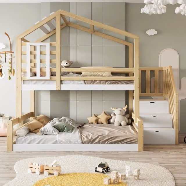 Letto a castello Mivray per bambini in legno di pino e MDF con scala contenitore, disponibile in bianco e marrone, H 253 x L 209 x P 146 cm