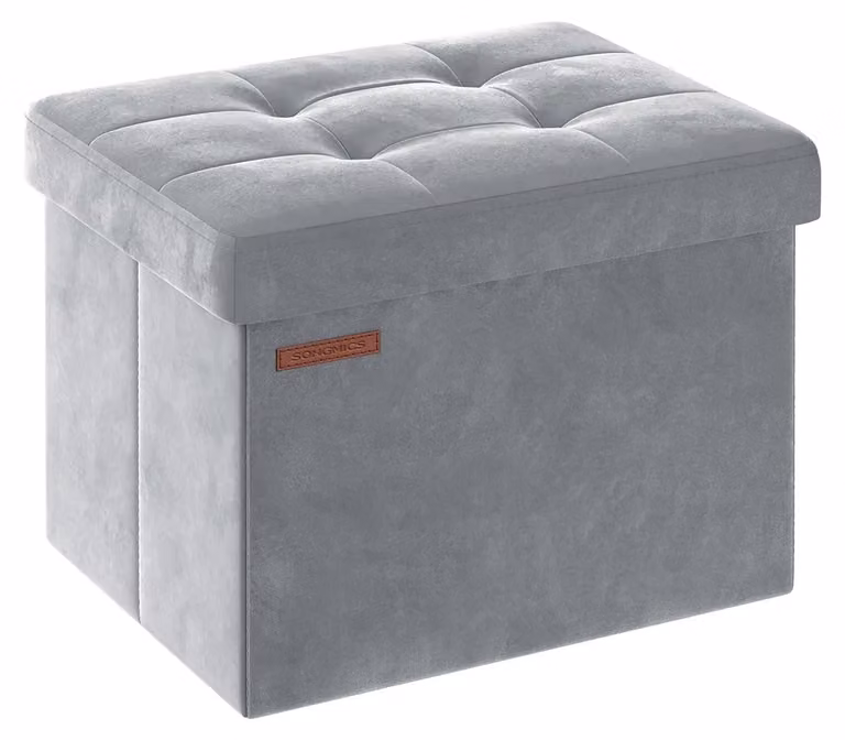 Pouf imbottito in velluto – Poggiapiedi contenitore – MDF – Grigio tortora – 31 x 41 x 31 cm