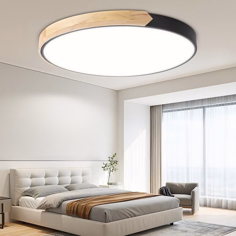 Ikodm Lampada da soffitto a LED in legno 60 cm, 96 W, dimmerabile con telecomando, lampada rotonda da soggiorno nera, 3000-6000 K