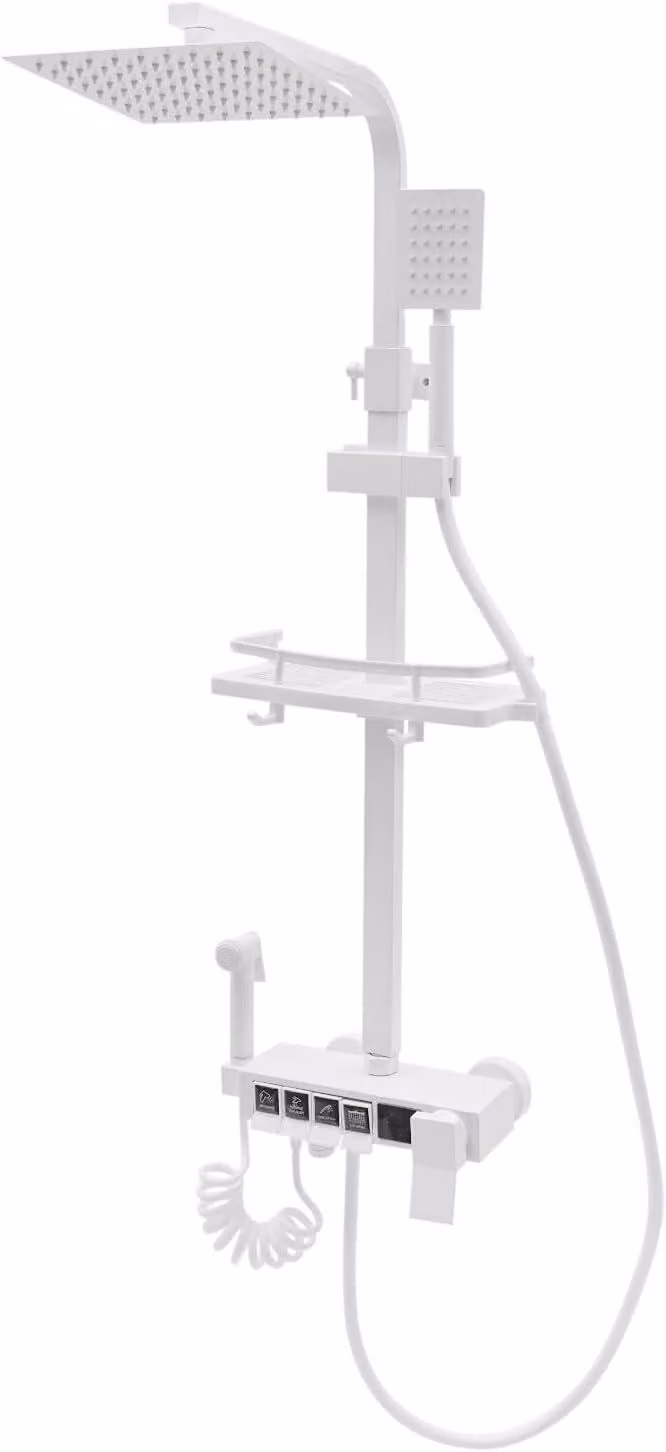 Sistema doccia a soffitto con miscelatore, set completo con 4 uscite, doccetta manuale, soffione doccia, set per bagno e hotel con display LED (bianco)
