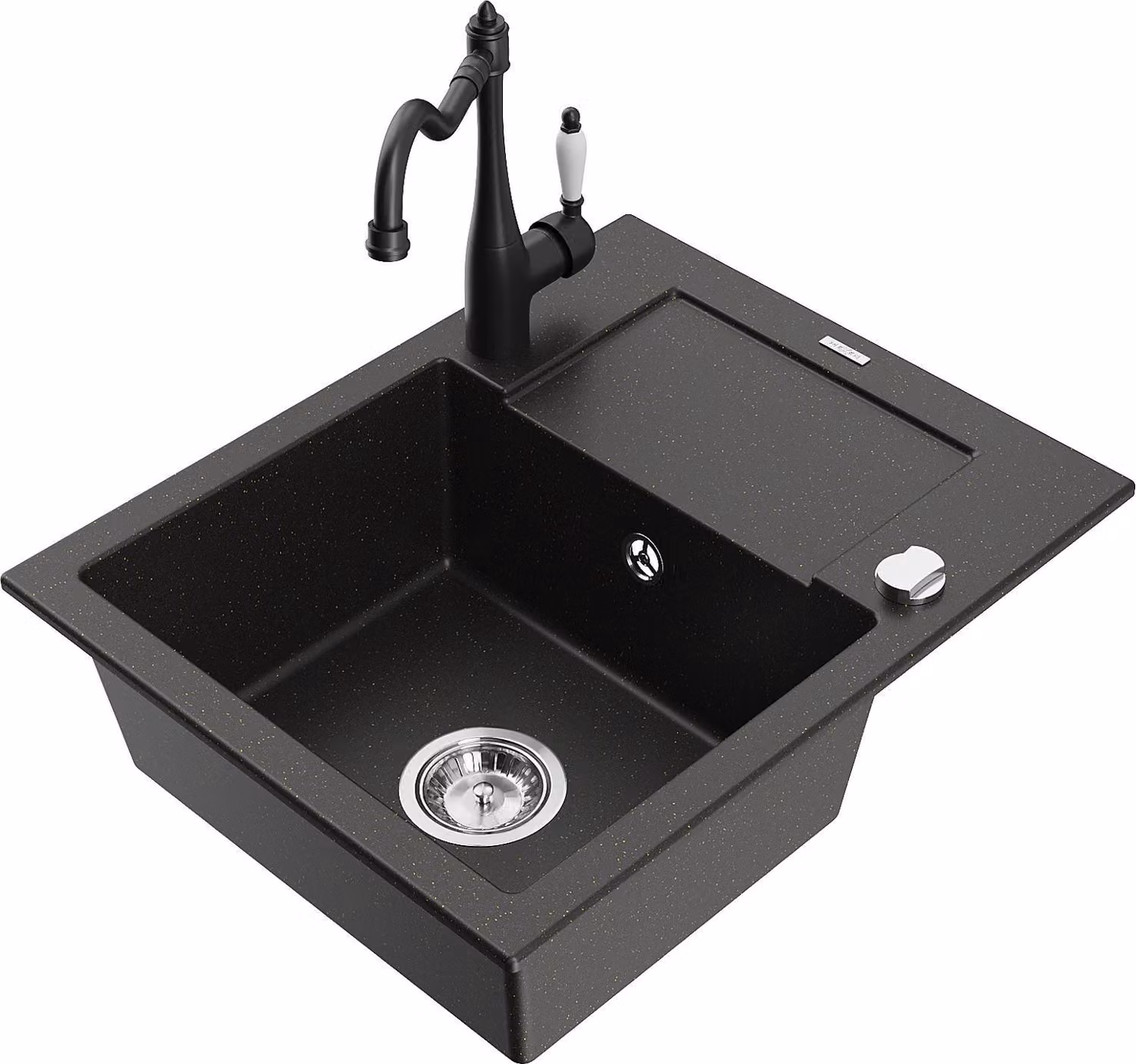 Mexen Enzo lavello in granito 1-vasca con scolapiatti e miscelatore cucina Carla, nero/oro metallizzato - 6506-75-670700-70