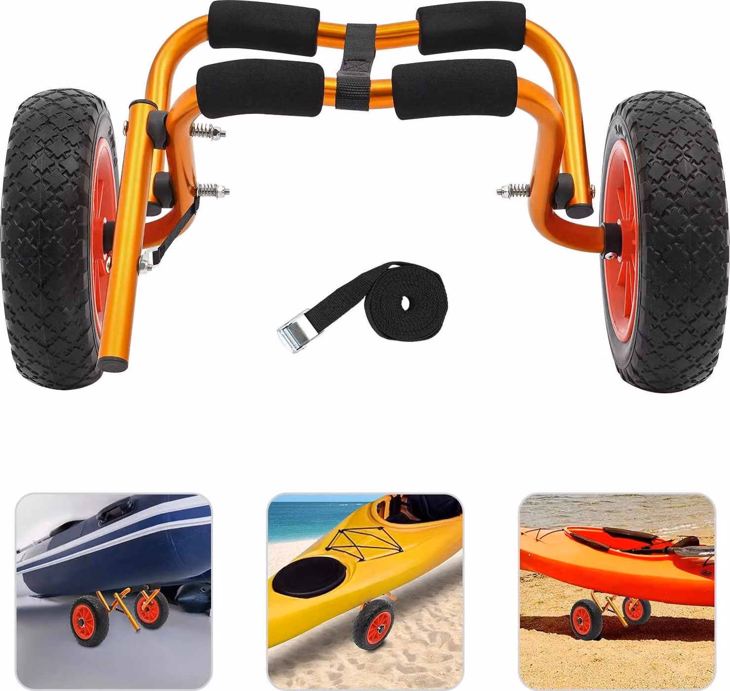Carrello per kayak - Carrello pieghevole - Portata 80 kg - Telaio in alluminio - Pneumatici pieni inPoliuretanoantiforatura - Compatto 60×23 cm - Lunghezza staffa 36 cm - Peso 1,4 kg