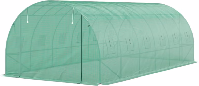 Serra a tunnel con copertura in plastica e telaio in acciaio, serra-tenda accessibile con porte a rullo, verde