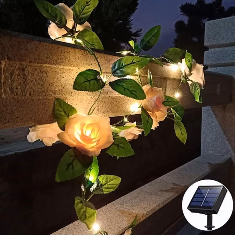 Catena luminosa solare a forma di rosa, 2 metri, 20 LED, luce bianca calda, grado di protezione IP65, impermeabile, ideale per decorazioni da giardino