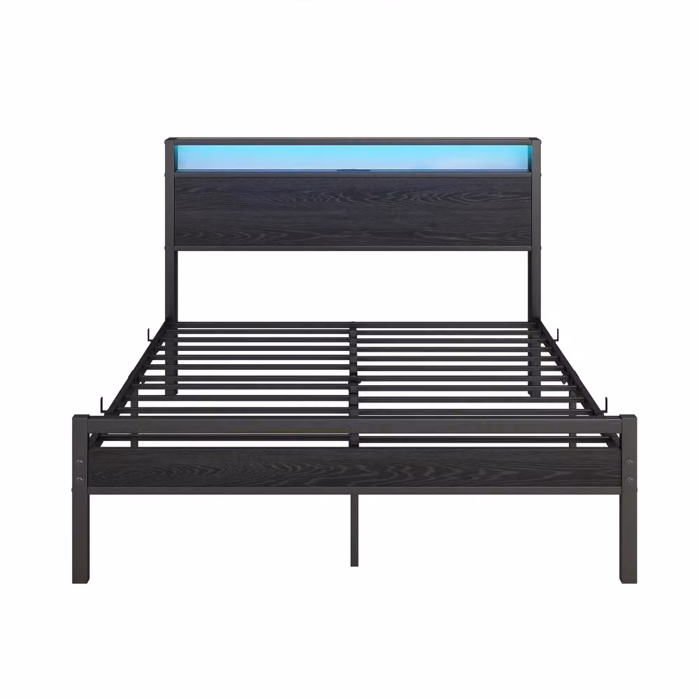 Letto Contenitore Minimal con Testiera LED, Porta USB-C e Ripiani Laterali in Metallo Nero L/P: 120 x 200 cm – 2