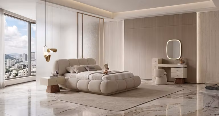 Set per camera da letto: letto, comodini, tavolo da trucco, design moderno, colore beige, lusso