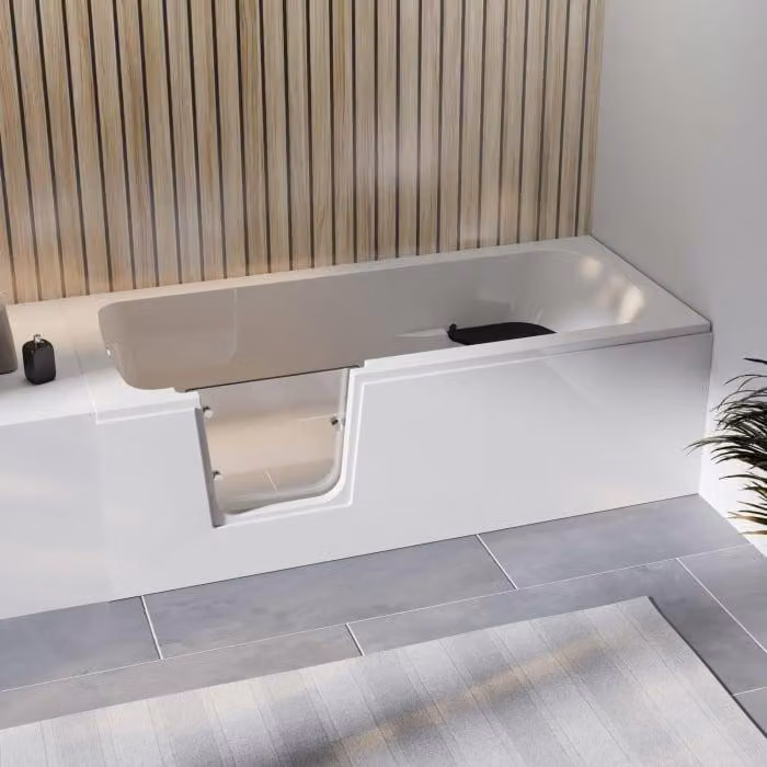 Vasca da bagno Steinkamp "easy entry" di dimensioni 170 x 75 cm, con porta in vetro sul lato sinistro e rivestimento in acrilico