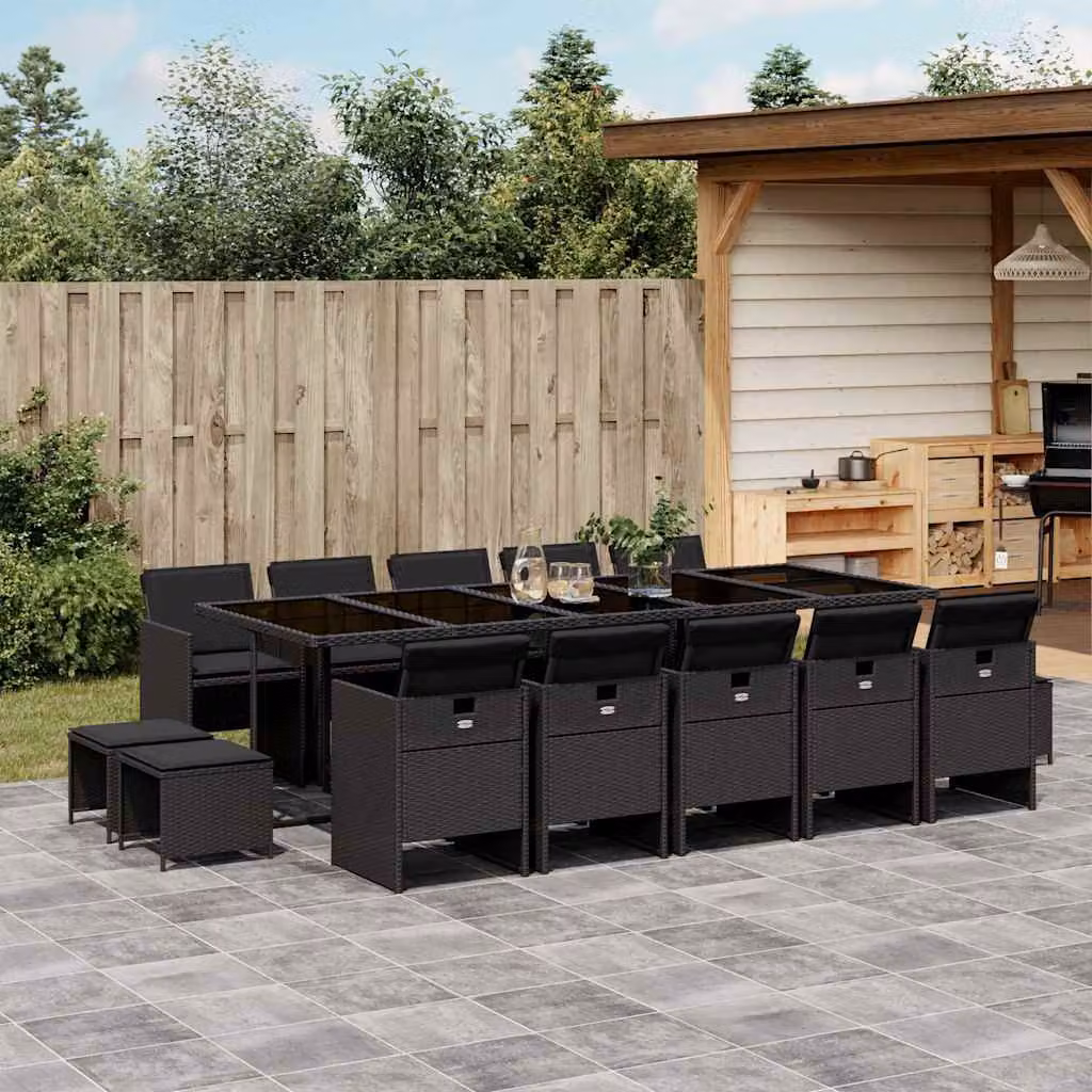 vidaXL Set da Pranzo da Giardino 15 pz in Polyrattan Nero con Piano in Vetro – 1