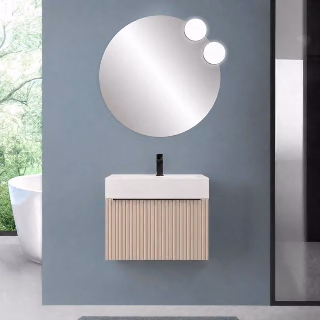 Mobile bagno sospeso 80 cm cappuccino con un cassetto e lavabo alto in resina Nara