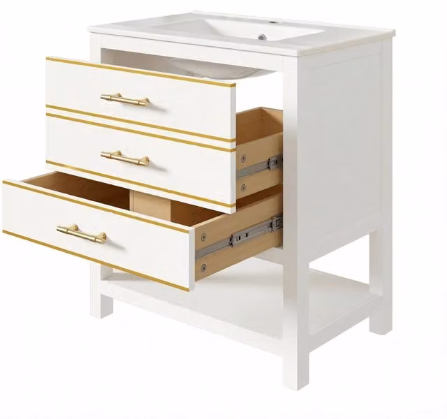 Mobile sottolavabo per bagno moderno con lavabo in ceramica, 2 cassetti e vano aperto, in MDF bianco e oro, L: 76 cm, P: 46.5 cm, H: 86 cm