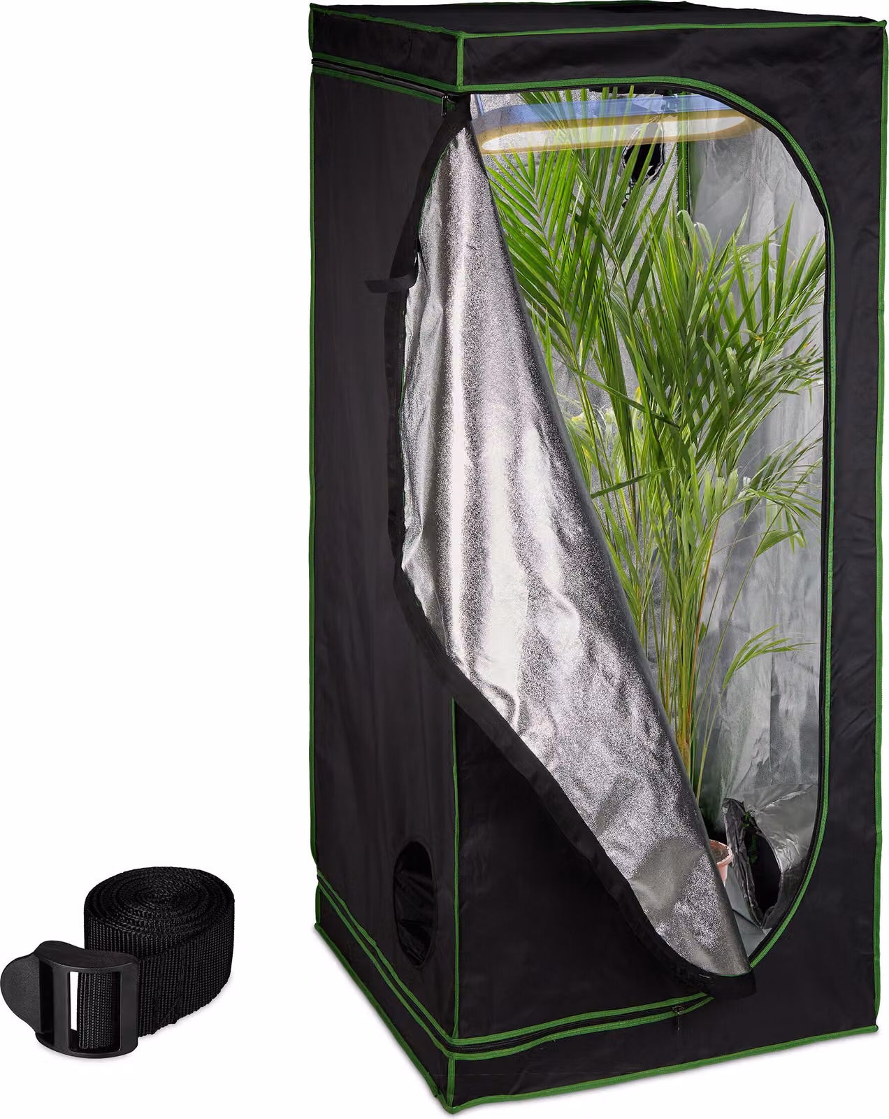 Tenda da coltivazione Relaxdays, A x L x P: 180 x 80 x 80 cm, rivestimento interno riflettente, opaca, tenda da coltivazione per interni, nero/verde