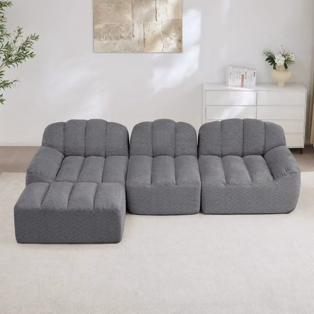 Divano angolare modulare 3 posti con pouf, schienale ergonomico e seduta ampia in fleece grigio 288 × 165 × 79 cm