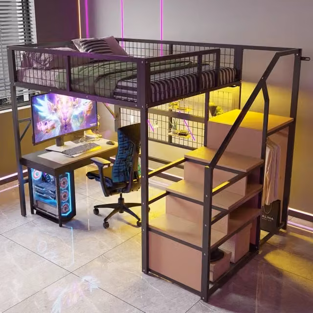 Letto a soppalco singolo moderno in metallo e MDF con illuminazione LED e scala con contenitori, nero, 140 x 200 cm