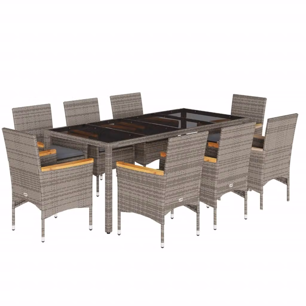 Set da Pranzo da Giardino 9 pz con Cuscini Polyrattan e Vetro