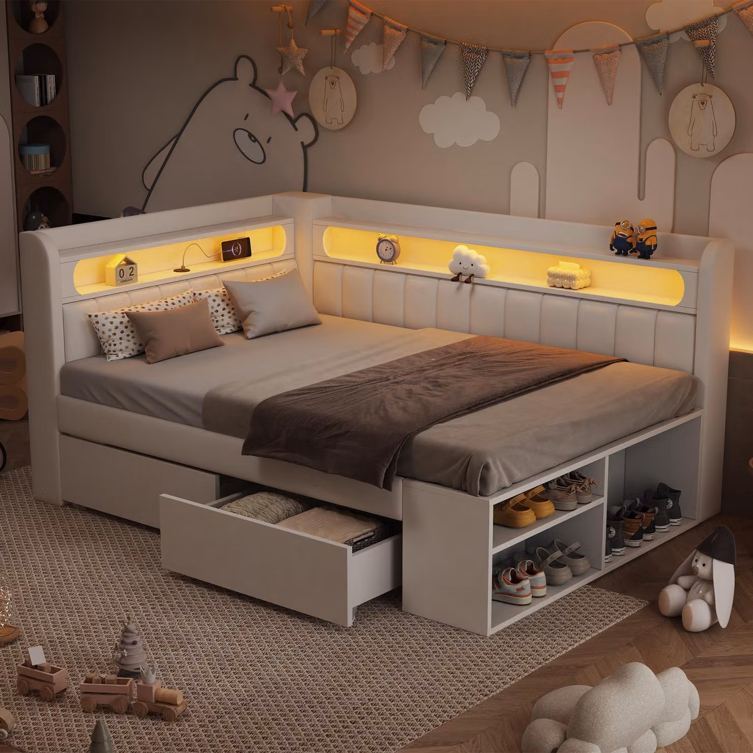 Divano letto 90x200, imbottito, con porta USB e luci LED, contenitore per scarpe, 2 cassetti (bianco)
