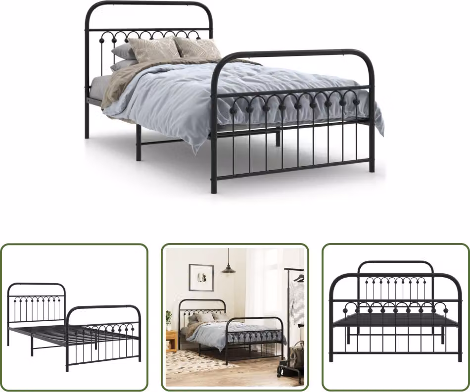 The Living Store Struttura letto con testiera e pediera in metallo nero 100x190 cm