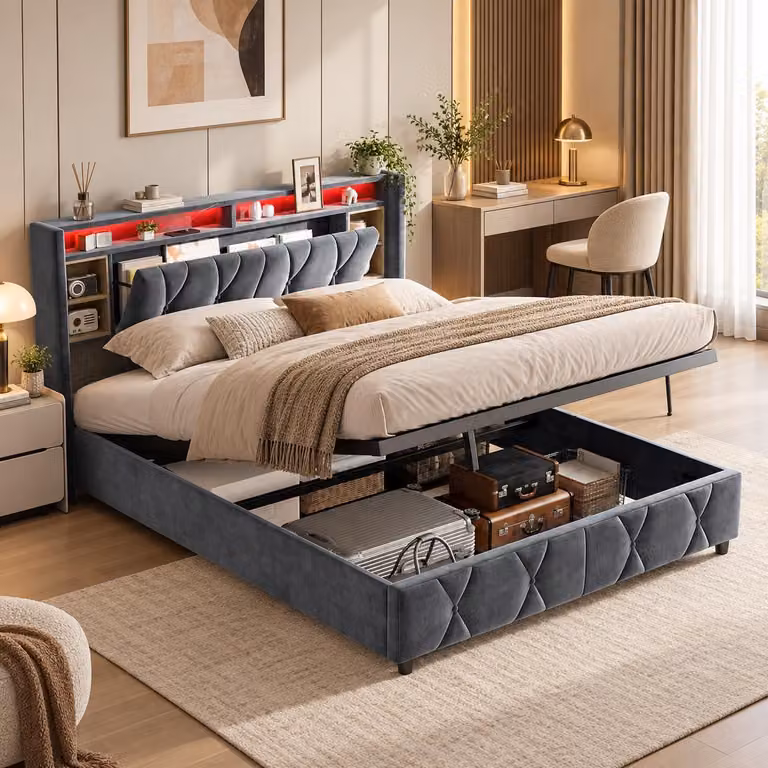 Letto imbottito INONEFT, 160x200 cm, con LED e USB, contenitore con sistema idraulico, letto matrimoniale per ragazzi con testiera imbottita e spazio contenitivo, in velluto, colore grigio