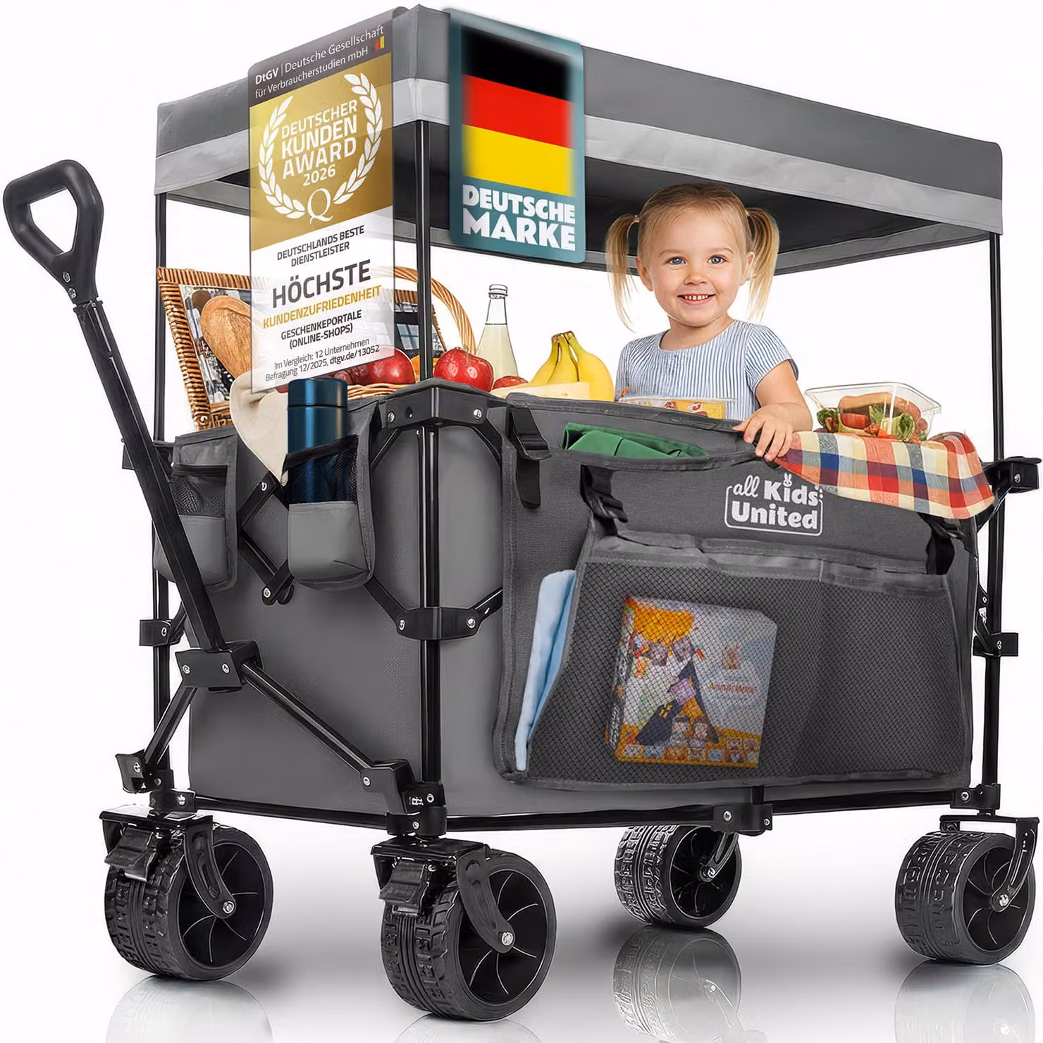 Carrello pieghevole All Kids United, grigio - Carrello a mano per bambini, carrello da trasporto per gite, spiaggia e giardino, con una portata massima di 150 kg